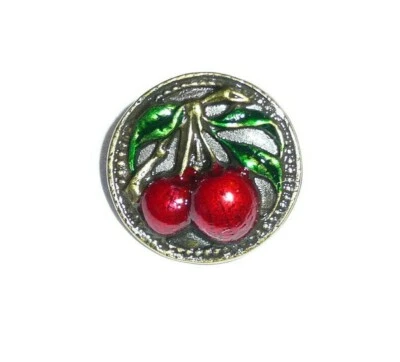 Pretty Cherries On The Tree Antique Reproduction Metal Button 5/8" Fruit Button - Image 1 of 4