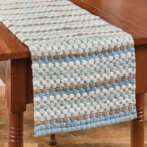 Jordan Blue Tan White Cream Chindi Heavy Woven Cotton Country Table Runner - Picture 1 of 3