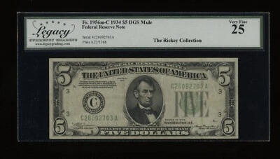 DBR 1934 $5 FRN DGS Mule Philadelphia Fr. 1956-Cdgsm Legacy 25 Serial C26092703A - Image 1 of 2