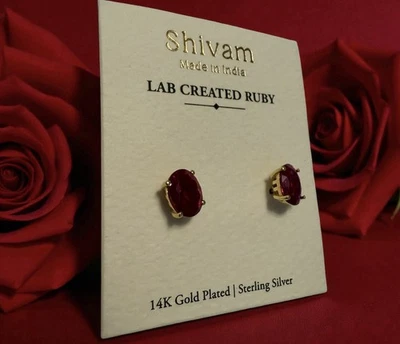 Pendientes de piedras preciosas de rubí creados por Shivam Lab enchapados en oro de 14K y plata de ley Foto 1 de 4