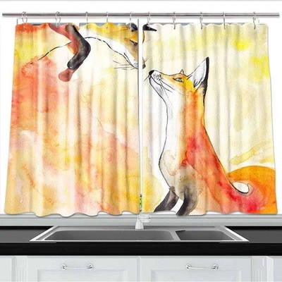 Modern Kunst Fuchs Bistrogardine Gardinen Küche 2 Paneele Mit Haken Wasserdicht - Bild 1 von 4