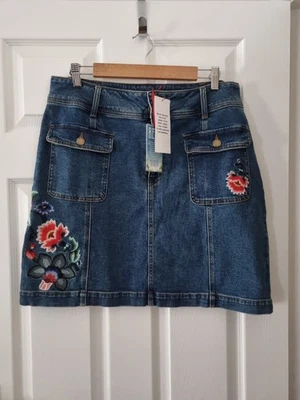 Joe Browns Denim Embroidered Skirt Size 16 Boho Blue Floral Pockets New BNWT  - Image 1 of 4