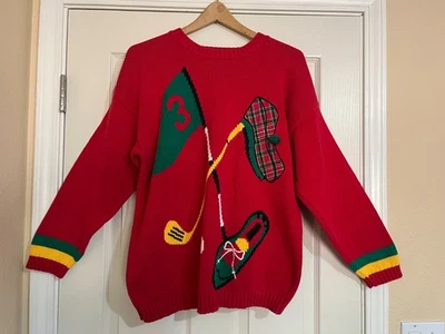 Vintage Izod Lacoste Men's Novelty Golf Sweater Red Cotton Large 90's Chunky - Image 1 of 4