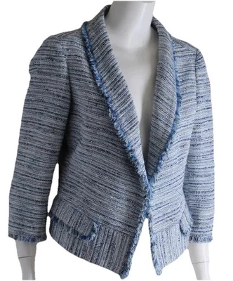 Etcetera Sz 12 Lux Blue Tweed Fringed Charming Shorter 3/4 Jacket Blazer L - Image 1 of 4