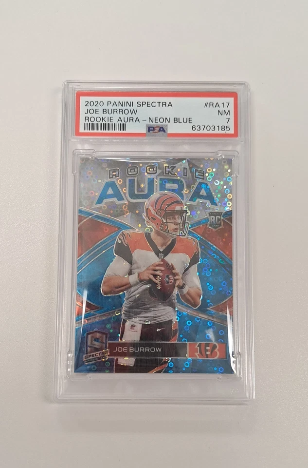 Joe Burrow 2020 Panini Spectra Rookie Aura RA-17 Neon Blue Prizm /50 RC PSA 7  - Image 1 of 2