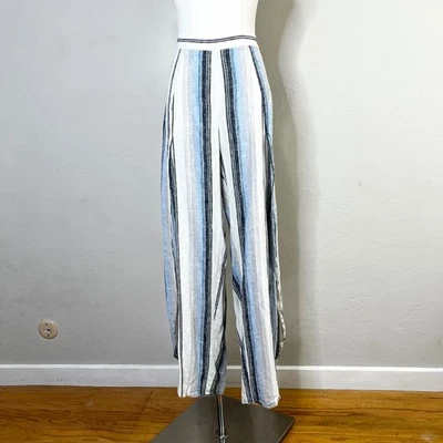 Anthropologie Drew Blue Striped Linen Tulip Pants Pull On Flutter Leg Size Large - Image 1 of 4