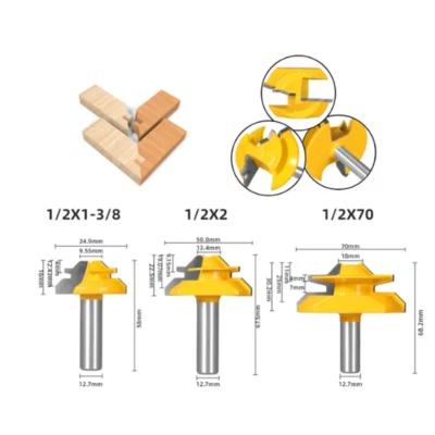 45 Degree 3 Bit Lock Miter Router Bit Set - 1/2" Shank - Mortise and tenon Bits - Image 1 of 2