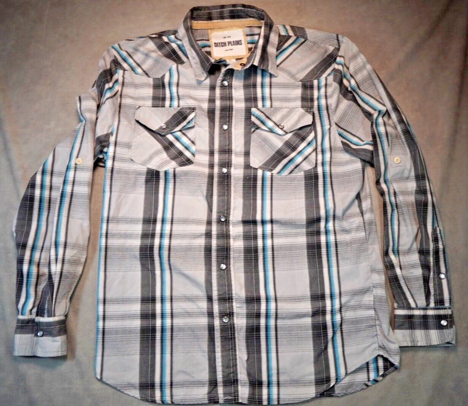 Ditch Plains Mens XL Western Cowboy Plaid Pearl Snap Roll Tab Sleeve Shirt - Image 1 of 4