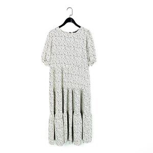New Look Ivory Black Speckled Polka Dot Tiered Midi Shift Dress - Size 14