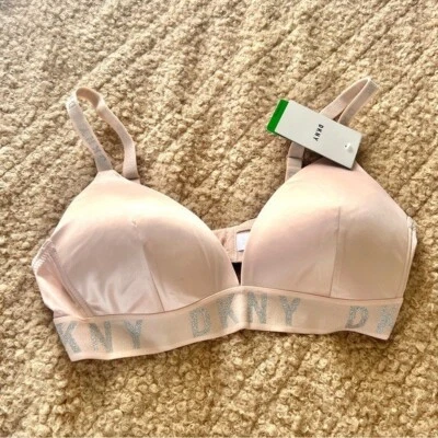 Sutiã DKNY rosa cetim levemente acolchoado sem fio alças ajustáveis NOVO grande novo com etiquetas - Imagem 1 de 4