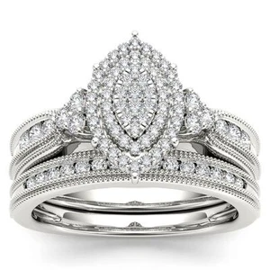 10K White Gold 0.50Ct Diamond Marquise Cluster Halo Bridal Ring Set - Picture 1 of 7