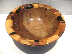 Rare Turquoise Inlay Hand Carved Multi-Wood Bowl, 10" x 3", Signed - Picture 1 of 12
