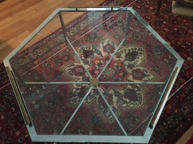 Mesa de centro Maison Jansen hexagonal de latón cromado Hollywood Regency moderna Foto 1 de 4