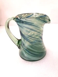 Blown Glass Mini Pitcher Green Blue Grey Swirl 7.5 Oz 200 ml Pontil Mark Vintage - Picture 1 of 9