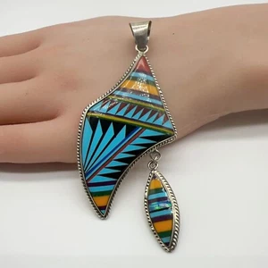VTG Native American Sterling Silver & Multi Stone Inlay Dangle Pendant 19g #gbf - Picture 1 of 9