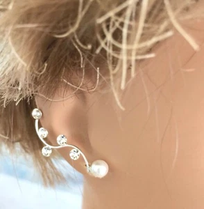 NEW Sterling Silver Ear Pins, Crawlers Earrings W/Crystal Glass & Pearls - Picture 1 of 4