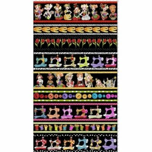 Loralie Harris Sew Curious Machine Button Border Black Cotton Fabric By The Yard - Picture 1 of 1