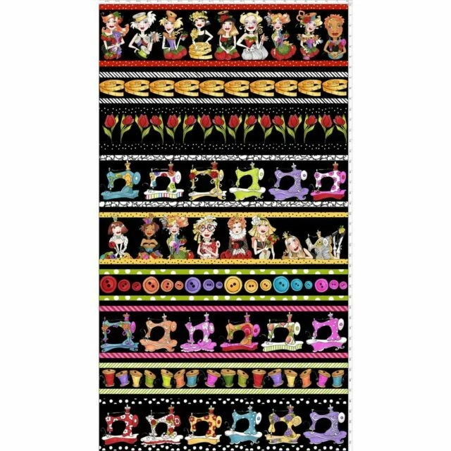 Loralie Harris Sew Curious Machine Button Border Black Cotton Fabric By The Yard - Image 1 of 1