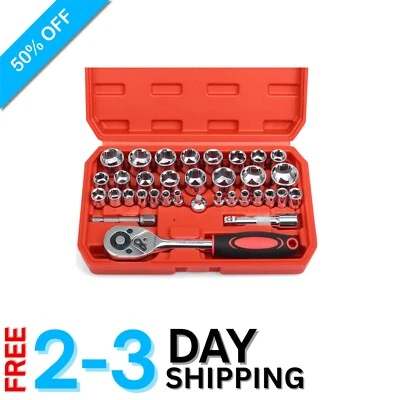 Multi-Purpose 34-Piece Socket Set with Quick-Release Ratchet - Chrome Finish - Image 1 of 4