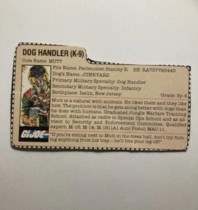 Vintage Hasbro GI Joe ARAH 1984 V1 Mutt Junkyard File Card Dog Handler K9 - Picture 1 of 2