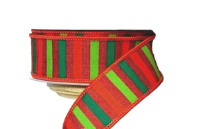 Red Lime & Green Horizontal Stripe 1.5" by 2 yards Wired Ribbon Christmas Canvas - Picture 1 of 2