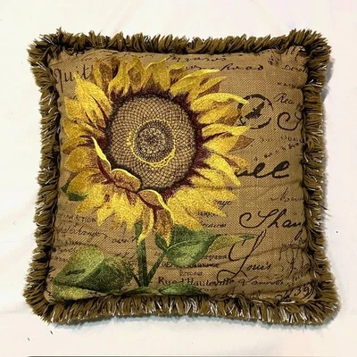 Sunflower Throw Pillow Embroidered Burlap Fringe 17" Boho Summer Cottage - Image 1 of 4