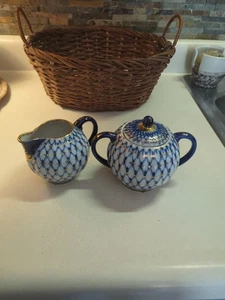Lomonosov Porcelain Cobalt Net Sugar Bowl & Creamer Tea Set 22 Made In Russia - Picture 1 of 14