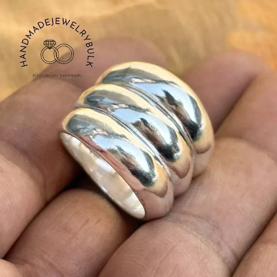 Triple Stack Silver Wide Statement Ring 925 Sterling Silver Dome Rings For Woman - Image 1 of 4