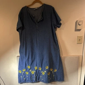 Women’s Denim Dress Size Large With Sunflower Embroidery  - Picture 1 of 7