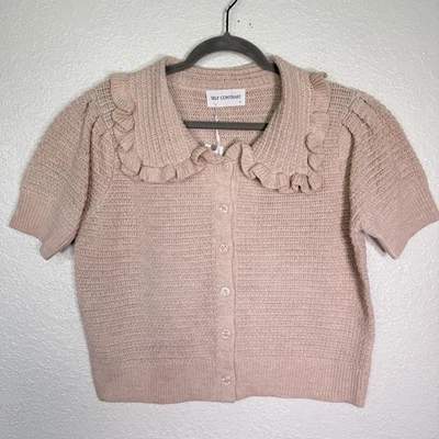 Cardigã feminino autocontraste Anthropologie pequeno suéter colarinho babado Ainsley - Imagem 1 de 4