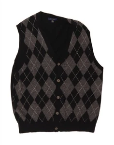 CLUB ROOM Mens Sleeveless Cardigan Sweater Medium Black Argyle/Diamond DL07 - Picture 1 of 3