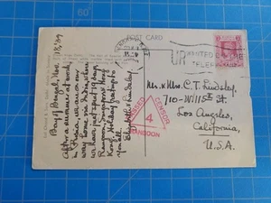 BURMA WW2 CENSORED POST CARD 1939, RANGOON 4, TO LOS ANGELES - Picture 1 of 2
