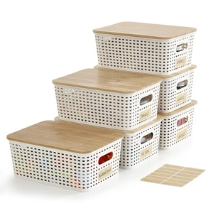 Small Plastic Storage Bins with Bamboo Lids 5.2qt Stackable Box Basket Pantry... - Picture 1 of 9