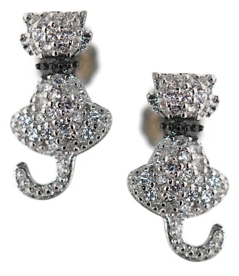 orecchini argento 925 gatto zirconi bianchi brillanti gattino con collare donna - Immagine 1 di 4