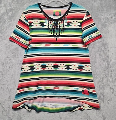Double D Ranch Top Womens Small Colorful Stripe Beaded Tunic Aztec Southwest - Image 1 of 4