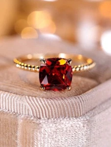Simulated Red Ruby Square Solitaire Simple Wedding Ring In 10K Yellow Gold - Picture 1 of 7