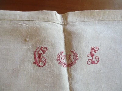 Drap N°365 ancien de milieu en fil de lin monogramme rouge CL71   196 X 320 Cm - Photo 1/4
