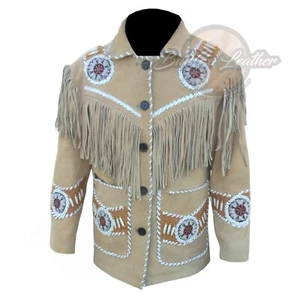 Men Western Cowboy Suede Fringe Jacket Beaded Native American Leather Jacket - Picture 1 of 4