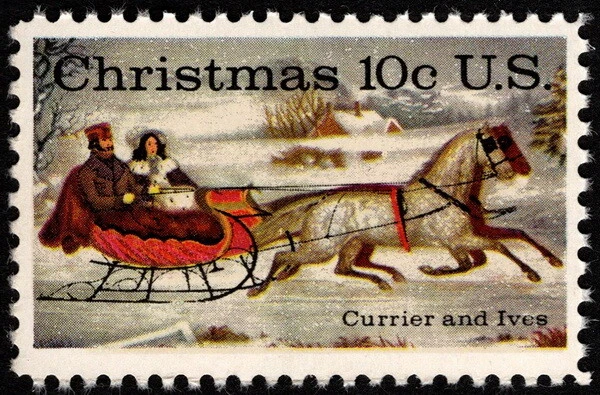 US - 1974 - 10 Cents #1551 Currier & Ives Sleighride Painting Mint NH F-VF Fresh - Image 1 of 1