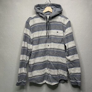 BILLABONG Men’s Large Button up Fleece Flannel Jacket Hoodie Striped Blue Gray - Picture 1 of 6