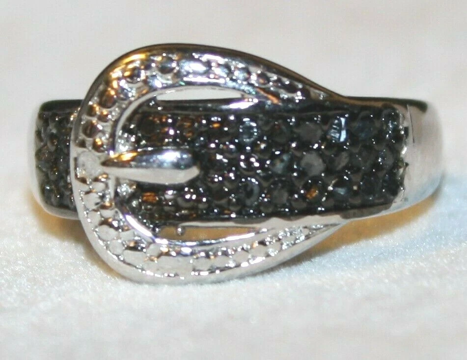 VICTORIA TOWNSEND STERLING SILVER GENUINE BLACK DIAMOND BELT BUCKLE RING SZ 7.75 - Image 1 of 4