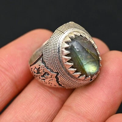 拉长石男式戒指 925 纯银手工声明所有尺寸 BJ214 — 第 1/3 张图片