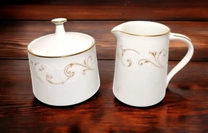 Noritake Duetto 6610 Creamer and Sugar Bowl w/Lid Gold & White Scroll Gold Trim - Picture 1 of 12