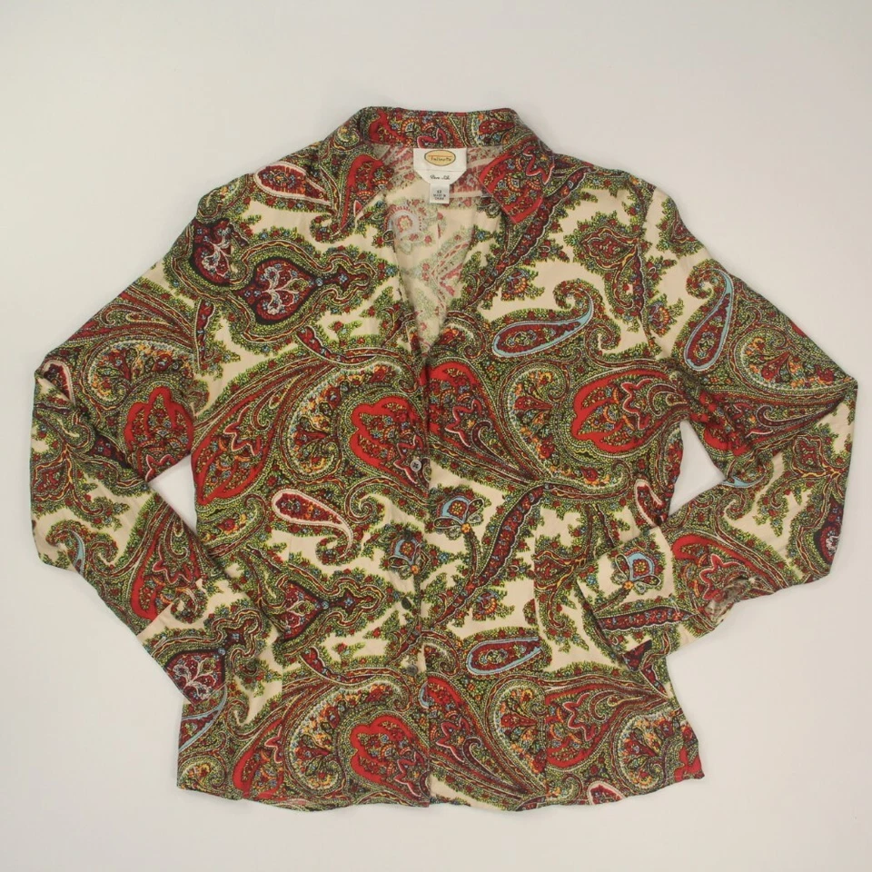 Camisa feminina Talbots 100% seda com botões tamanho 12 paisley colorida manga longa - Imagem 1 de 4