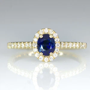 Natural Unheated Blue Sapphire Ring Diamond Halo Ring in 18K Yellow Gold - Picture 1 of 6
