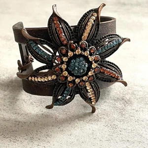 Seasonal Whispers RARE Multi-Color Crystal Pave Flower Cast Metal Cuff Bracelet - Picture 1 of 8