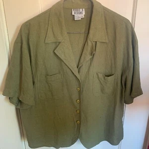 Robbie Bee VTG Sz L Button Down Short Sleeve Shirt Raw Silk Olive Green Boxy Fit - Picture 1 of 5