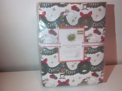 Pottery Barn Kids Grinch Christmas Wreath Organic Cotton QUEEN Sheet NWT NIP - Image 1 of 4