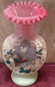 BRISTOL ANTIQUE AESTHETIC PERIOD PAINTED BIRDS ENAMELED GLASS 11” VASE Beautiful - Picture 1 of 7