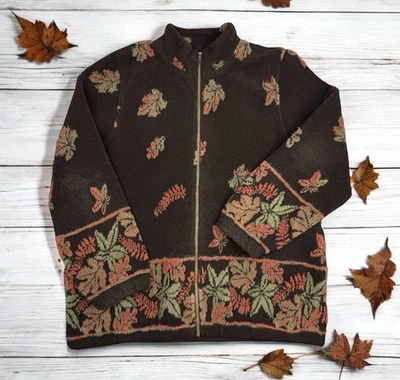 Acogedora Chaqueta de Vellón Marrón Estampado de Hojas Cottagecore Senderismo Otoño Granola Niña Cabaña L Foto 1 de 3